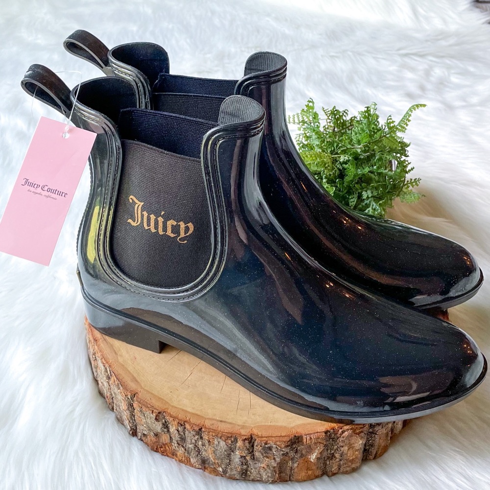 NWT Juicy Couture Chelsea Rainboots Rori Sparkle Black Ankle Rain Boots 10